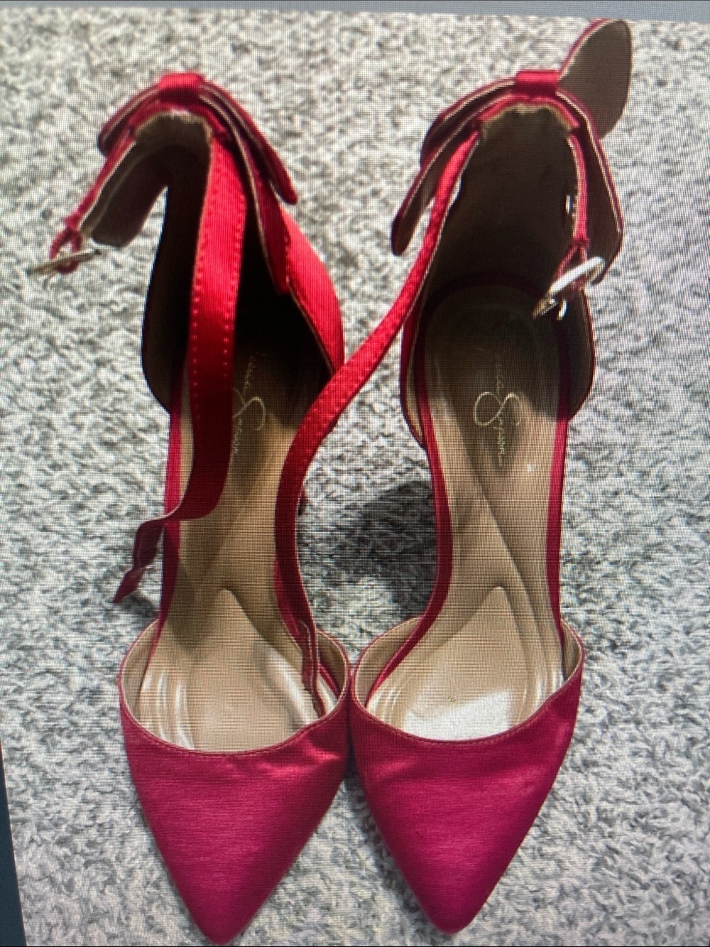 Red Satin Pointed-Toe Ankle-Strap Heels with Bow Detail